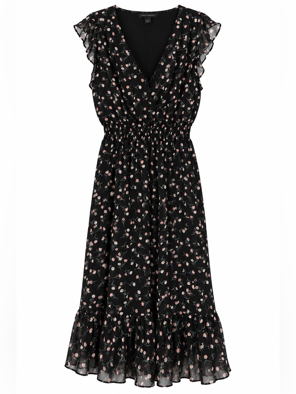 Lucky Brand XL Black Ditsy Floral Ruffle Midi Dress NWT